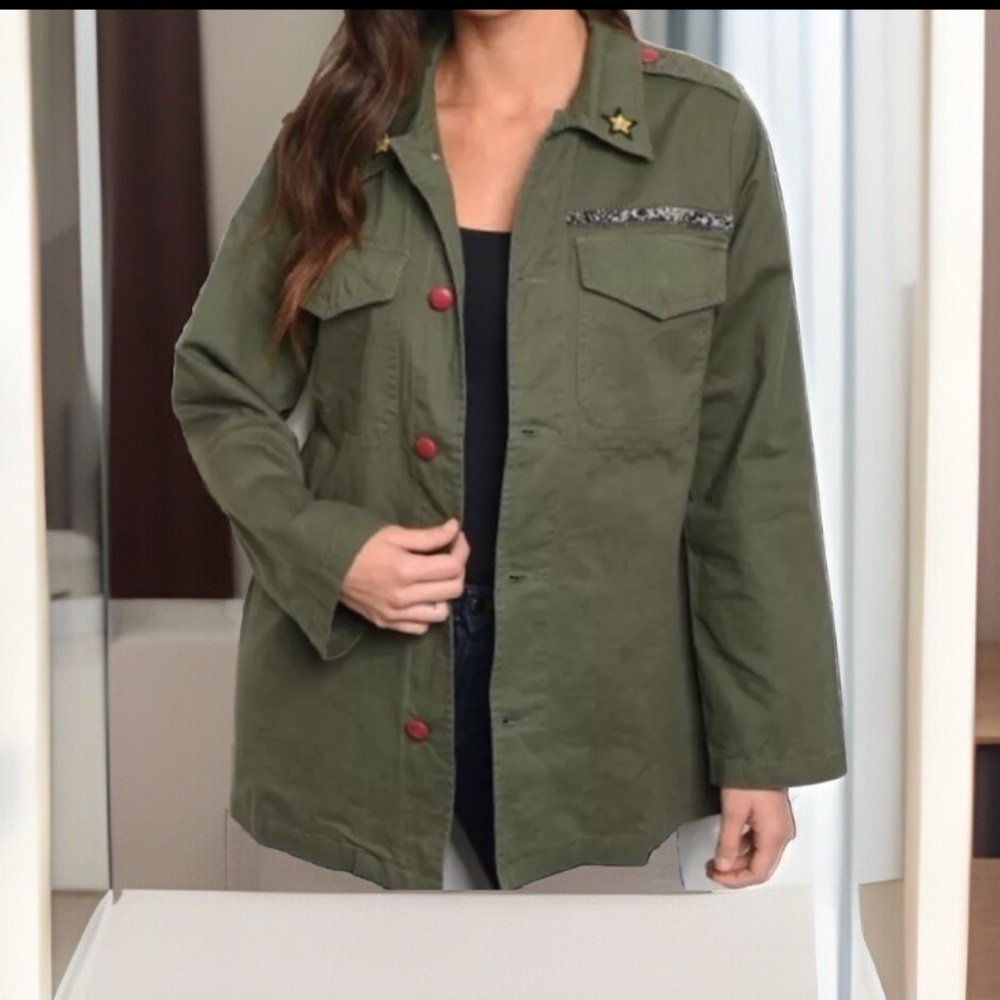 Army Green Military Style Utility Red Buttons W/Pockets Fashion Jacket 💯cotton